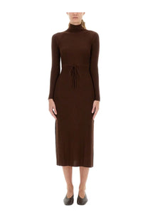 A.P.C womens midi dress Marianna brown with a sleek ribbed knit fabric high neckline and tied waistband