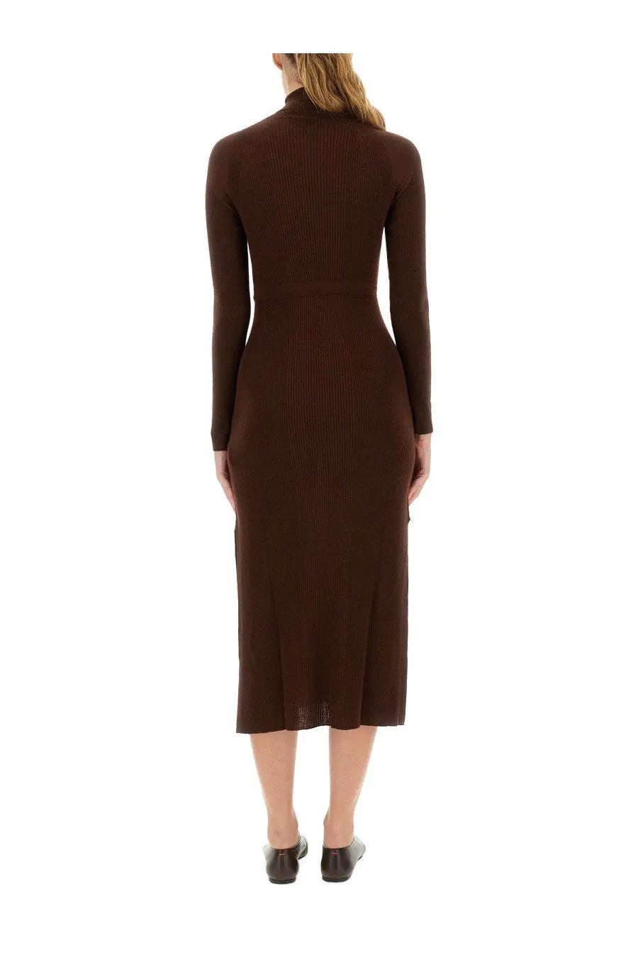 A.P.C women’s midi dress Marianna brown ribbed knit with high neckline and long sleeves