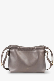 Apc women’s ninon metallic gray synthetic leather crossbody bag with drawstring top and gold-tone hardware