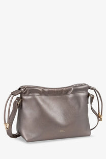 A.P.C women’s Ninon sleek metallic gray synthetic leather crossbody bag with gold-tone hardware and adjustable straps