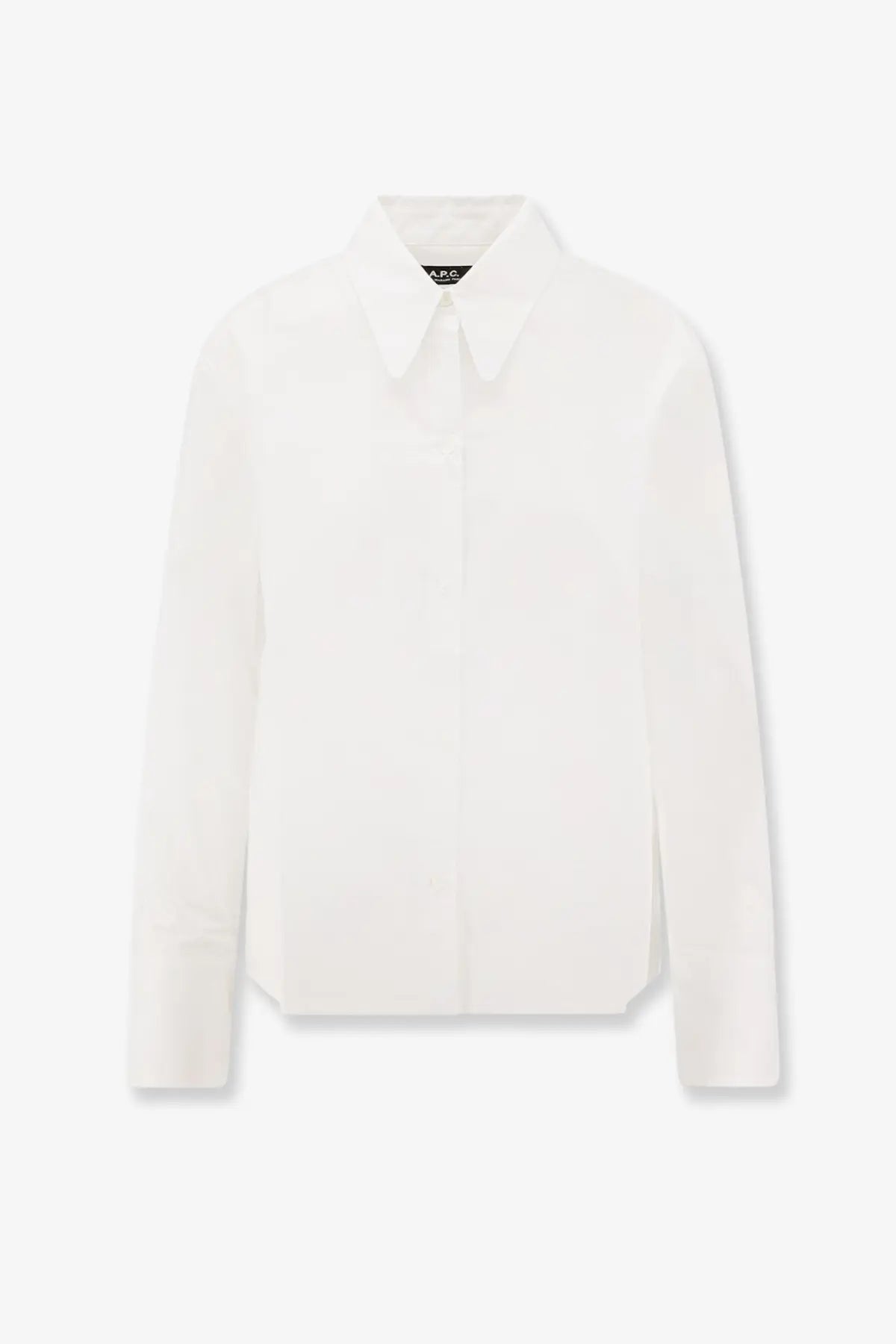 A.P.C women’s organic cotton white long-sleeved button-up shirt with a classic collar and crisp clean lines