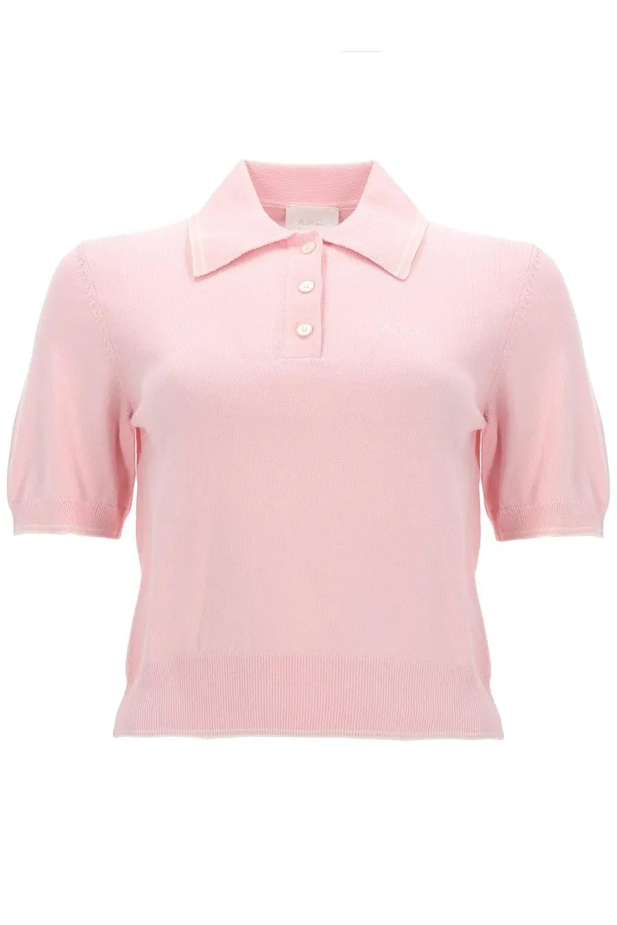 A soft pink knit polo shirt with short sleeves and ribbed hem from A.P.C womens polo lisa blue collection
