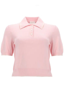 A soft pink knit polo shirt with short sleeves and ribbed hem from A.P.C womens polo lisa blue collection