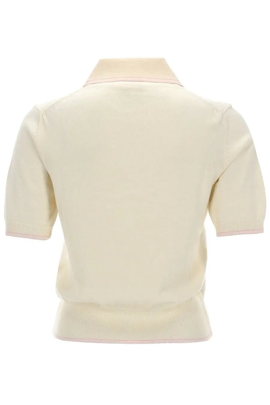 A.P.C women’s cream-colored knit polo shirt with subtle pink trim on collar and sleeve cuffs in lisa white