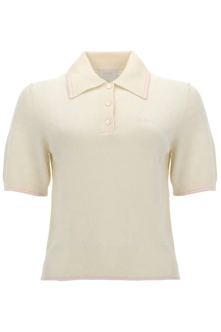 A.P.C women’s cream-colored knit polo shirt with subtle pink trim on collar sleeve cuffs and hem