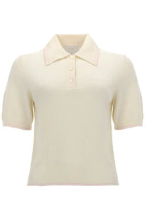 A.P.C women’s cream-colored knit polo shirt with subtle pink trim on collar sleeve cuffs and hem