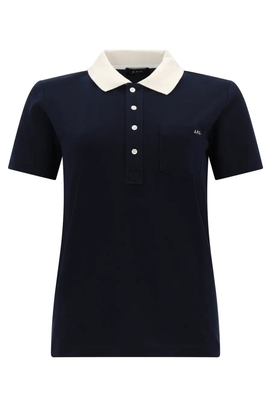 A.P.C women’s navy blue short-sleeved polo shirt with cream collar white buttons and embroidered logo on the chest
