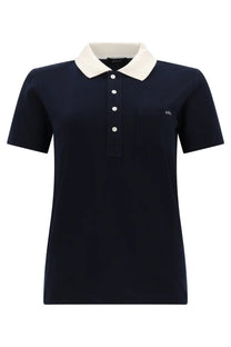 A.P.C women’s navy blue short-sleeved polo shirt with cream collar white buttons and embroidered logo on the chest