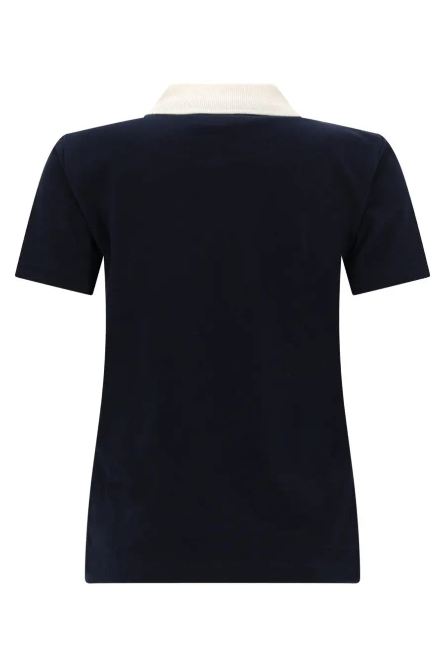 A.P.C women’s navy blue short-sleeved polo shirt with a contrasting cream collar ideal for casual wear