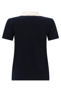 A.P.C women’s navy blue short-sleeved polo shirt with a contrasting cream collar ideal for casual wear