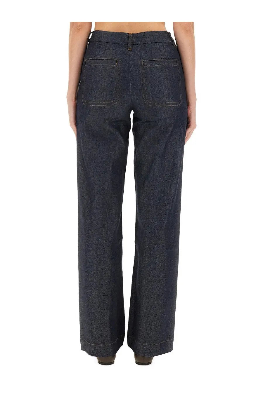 Back view of apc women’s seaside jeans dark indigo denim trousers with straight-leg cut and two back pockets