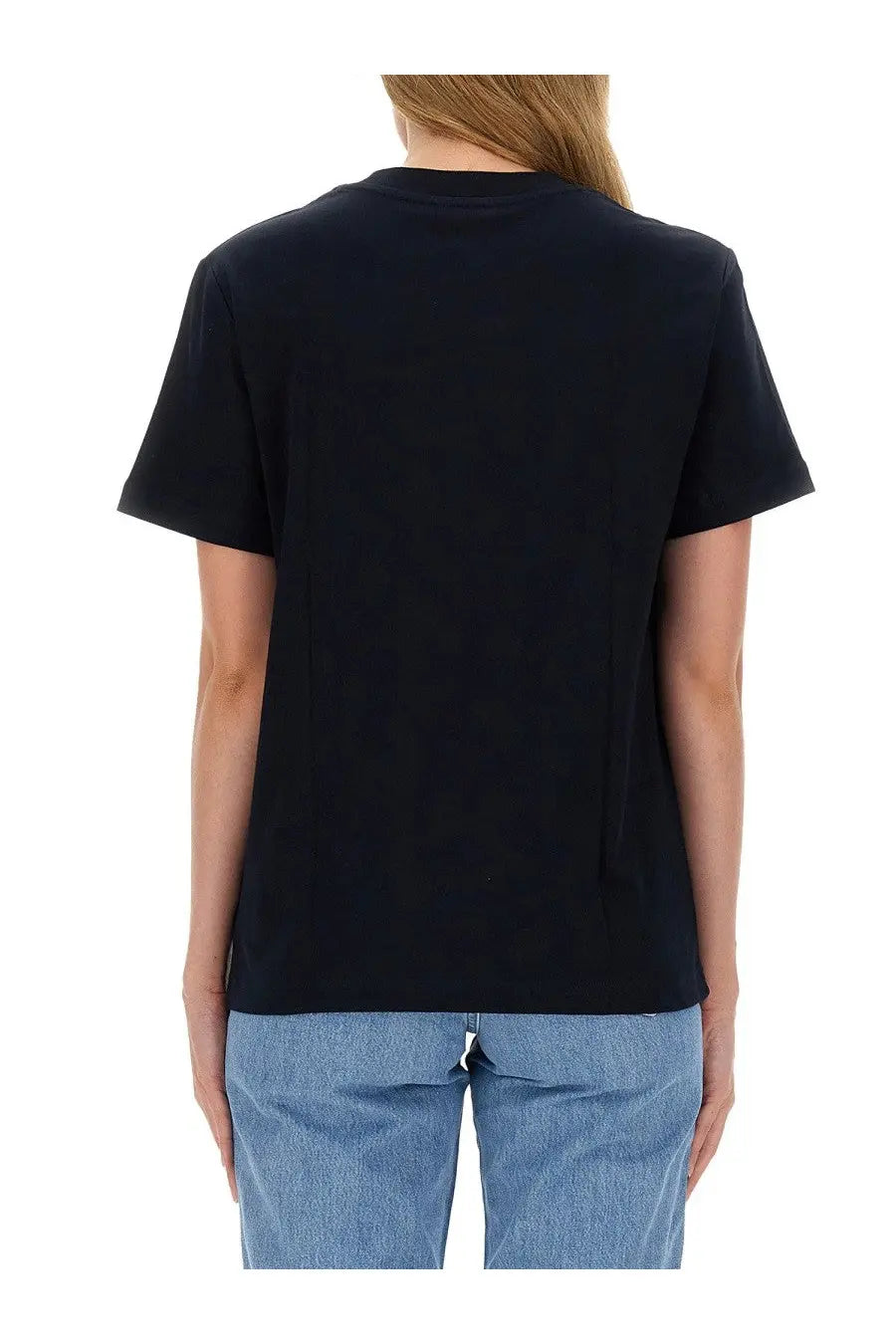 Black short sleeved A.P.C women’s shirt con blue with a subtle textured back panel shown from the back side