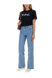 A.p.c women’s shirt in blue showing the black vpc label on the back side of the cotton fabric