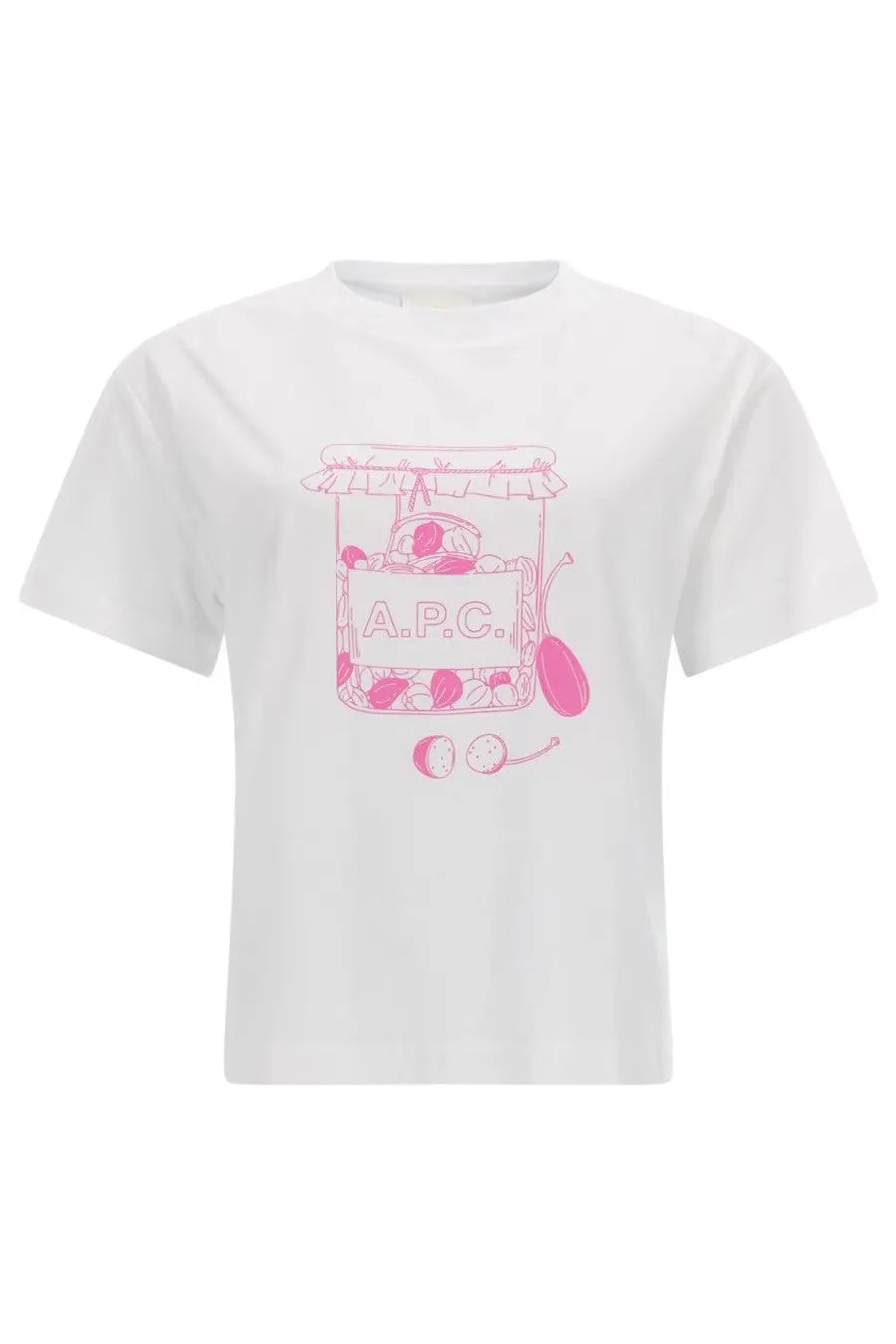 White cotton a.p.c women’s t-shirt featuring a pink illustrated jar graphic with cherries and fruit on the front