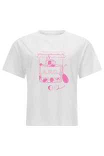 White cotton a.p.c women’s t-shirt with a pink jar graphic labeled a.p.c featuring cherries and fruit