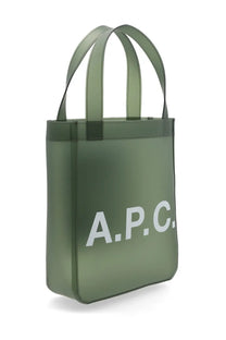 Olive green translucent tote bag with white a.p.c. logo small lou tote bag for women by a.p.c
