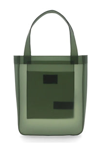 A.p.c women small lou tote bag in olive green translucent material with black rectangular patches on the front