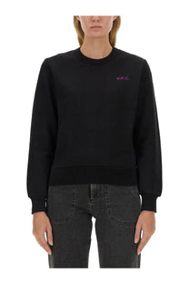 A.P.C women’s black crewneck sweatshirt with small purple embroidered v.p.c. logo on left chest in cotton blend