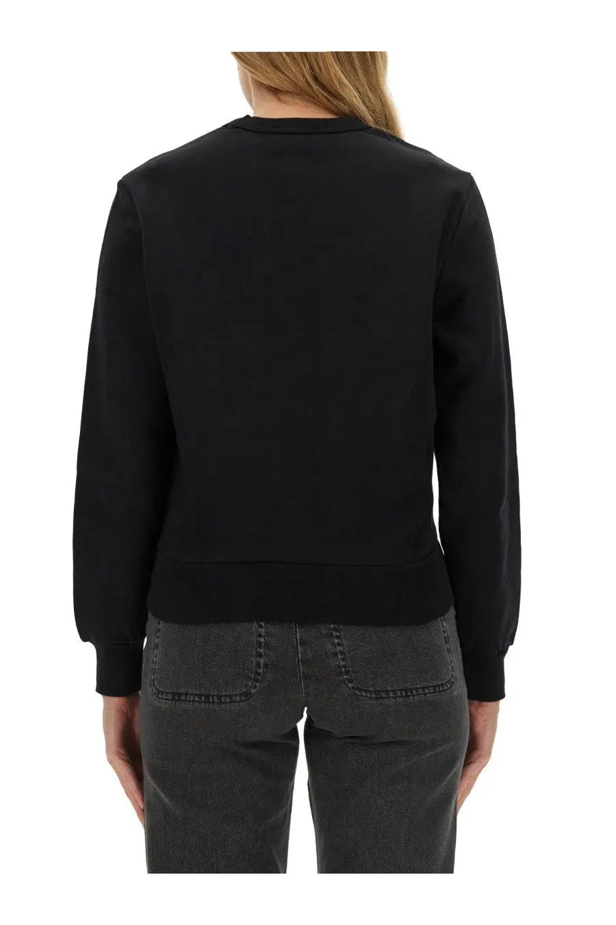 A.P.C women’s black crewneck sweatshirt with ribbed cuffs and hem made from soft cotton blend