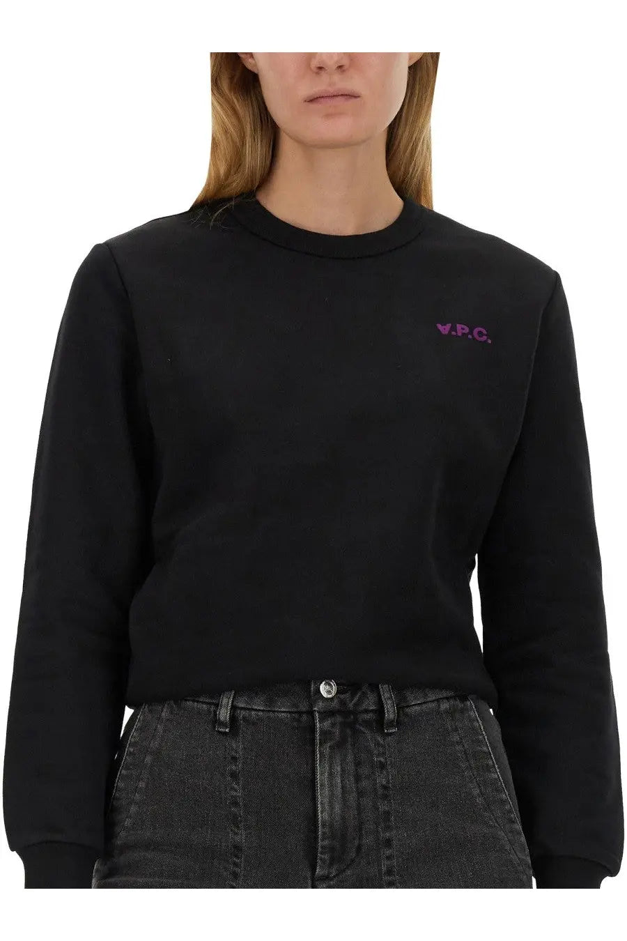 A black cotton blend A.P.C women’s sweatshirt showing the back side with long sleeves and a relaxed fit