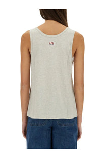 A.p.c women’s grey sleeveless heather tank top with a small red and white logo patch at the back of the neck