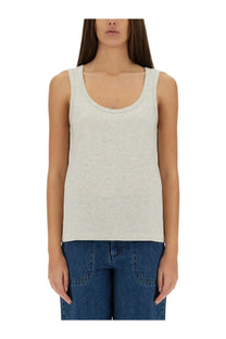 A.P.C women’s grey sleeveless tank top made of soft heathered fabric with rounded neckline and clean seams