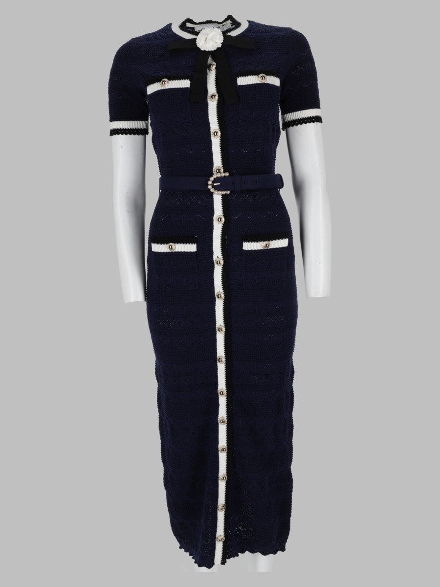 self-portrait Women's Abito Midi in Maglia Traforata Blue