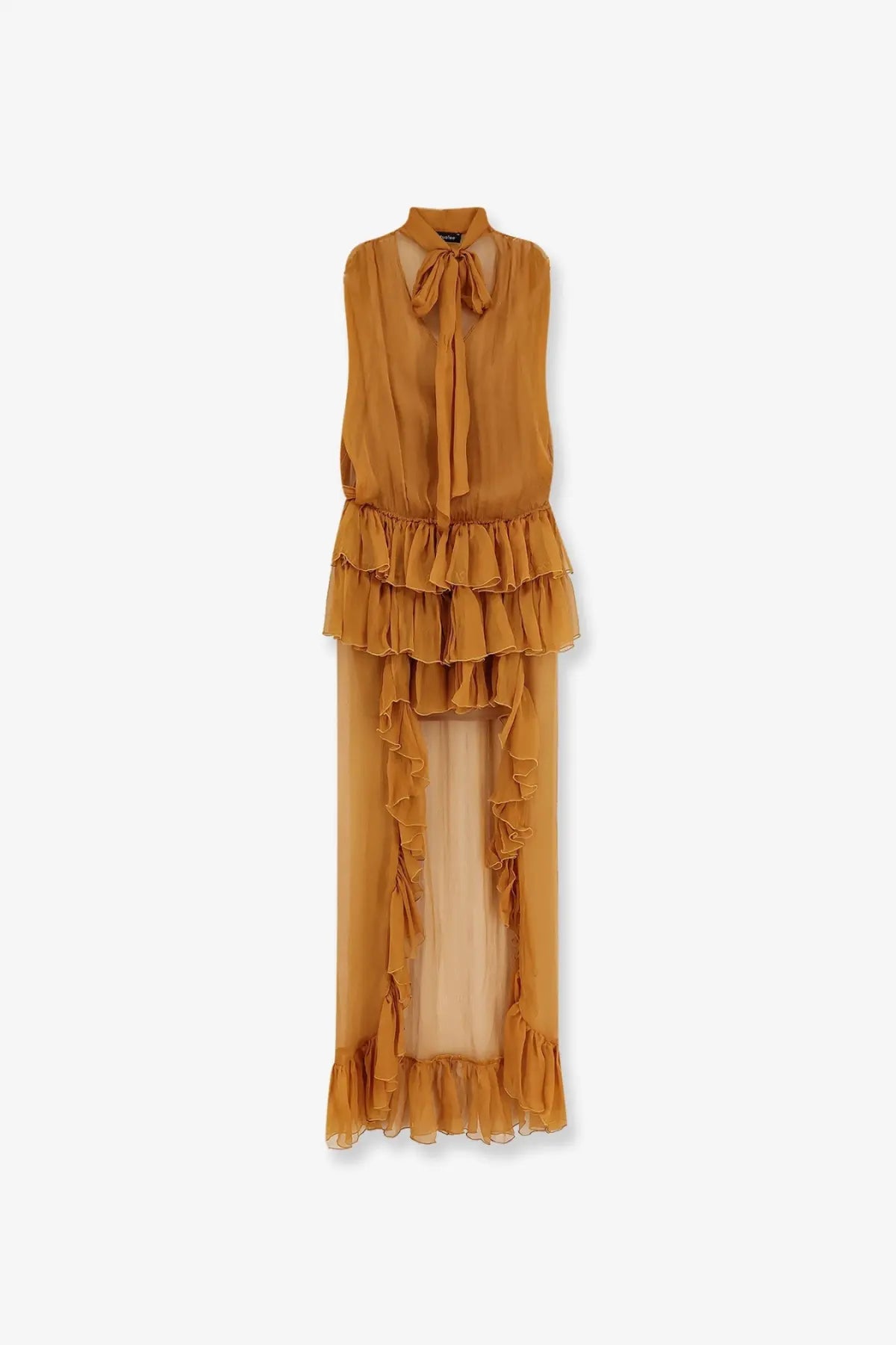 Actualee women’s asymmetric voile dress beige sleeveless with high neckline and layered ruffles down the front