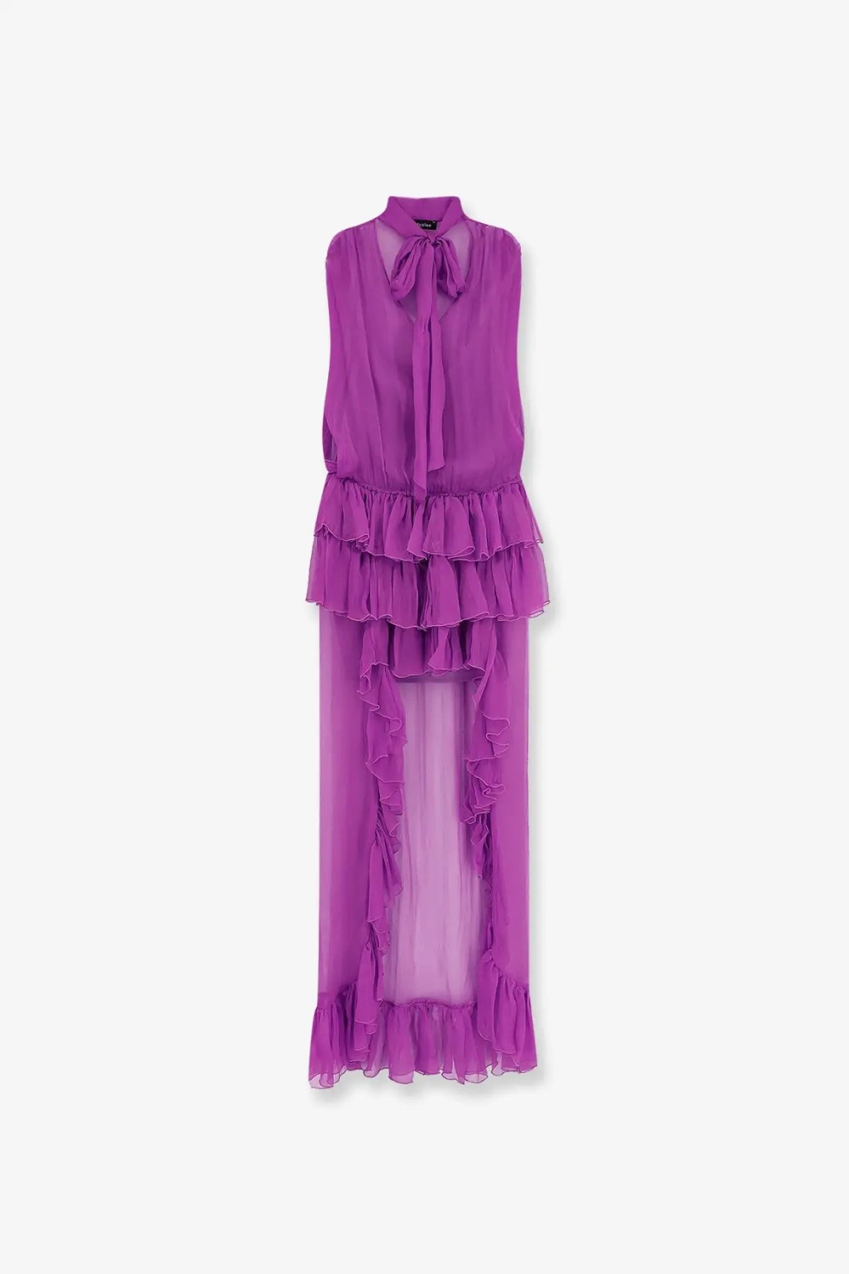 Actualee women’s asymmetric voile dress red with sleeveless high neck purple chiffon layered ruffles front and hem