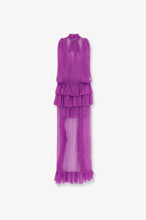 Actualee women’s asymmetric voile dress in vibrant purple with layered ruffles and sheer flowing fabric