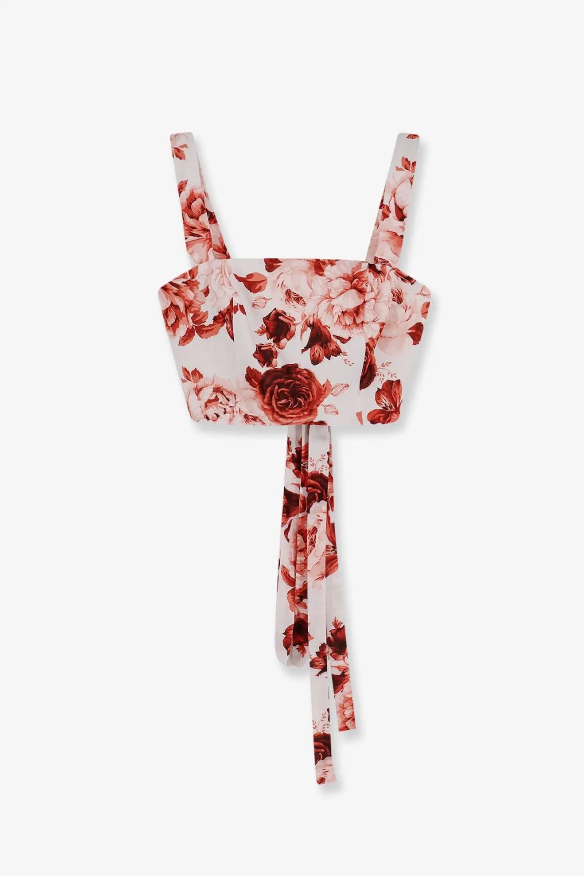 Actualee women’s cotton and linen blend pink cropped top with thin straps and tied front floral pattern
