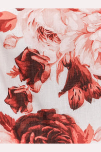 Actualee women’s cotton and linen blend top in pink with soft pink and deep red floral pattern on light background