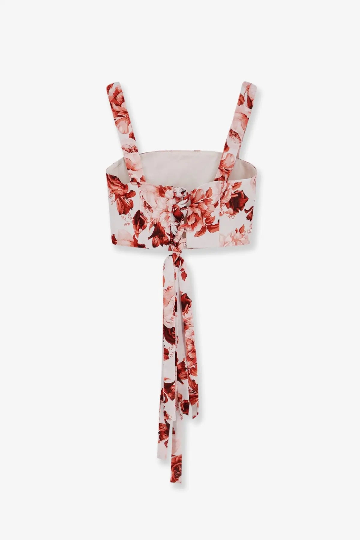Actualee womens cotton and linen blend white crop top with red floral print and thin straps tied at the front