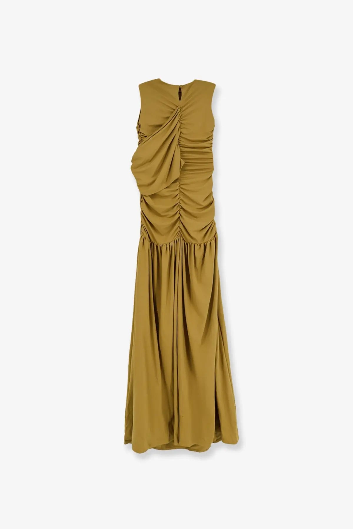 Actualee women’s draped long olive green sleeveless maxi dress with ruched back and flowing skirt showing back side