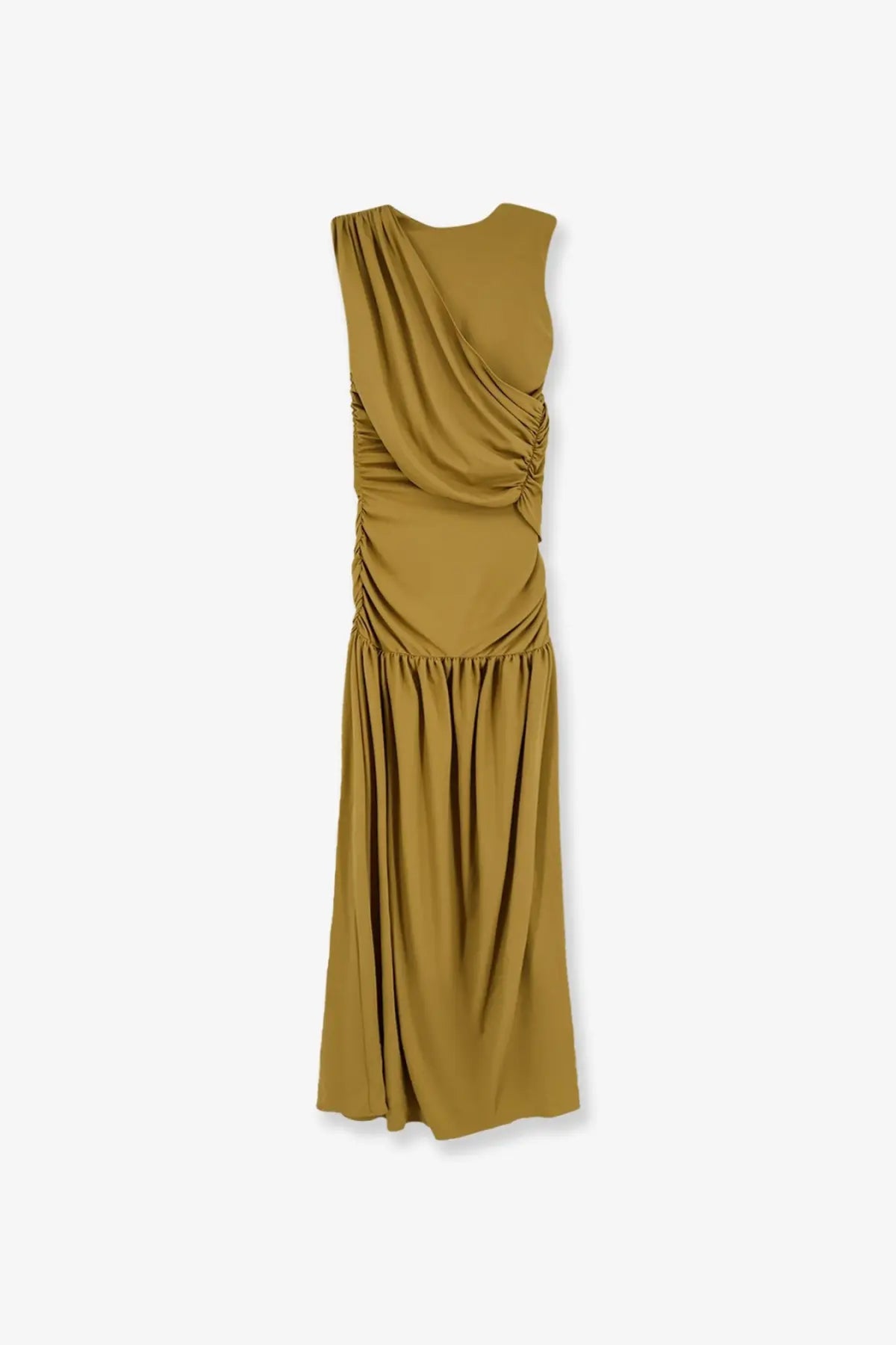 Actualee women’s sleeveless olive green draped long dress with ruched bodice and flowing skirt in beige