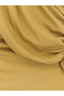 Actualee women’s draped long dress beige with soft mustard-yellow fabric featuring gentle folds and subtle sheen