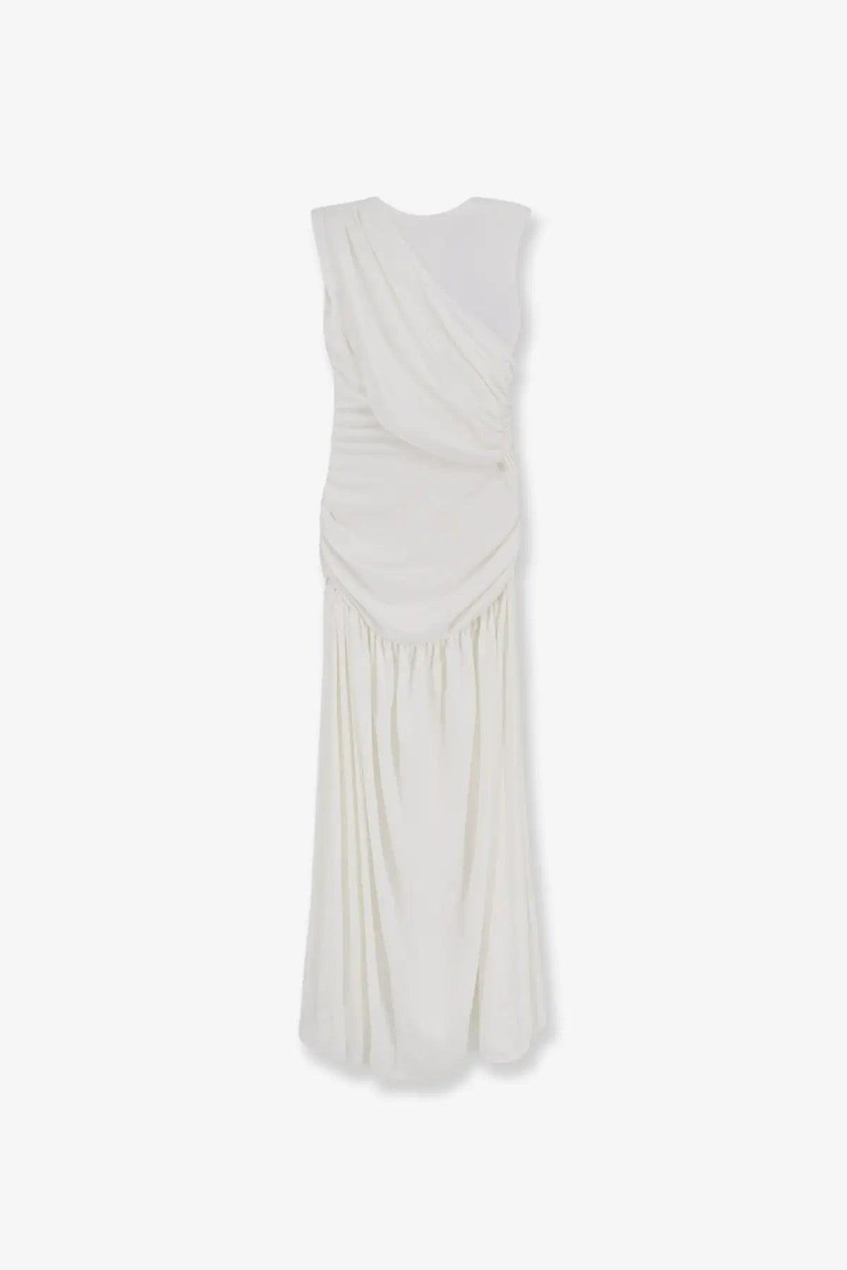 Actualee women’s draped long dress in white features a flowing ivory sleeveless gown with draped fabric and fitted waist