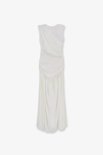 Actualee women’s draped long dress in white features a flowing ivory sleeveless gown with draped fabric and fitted waist