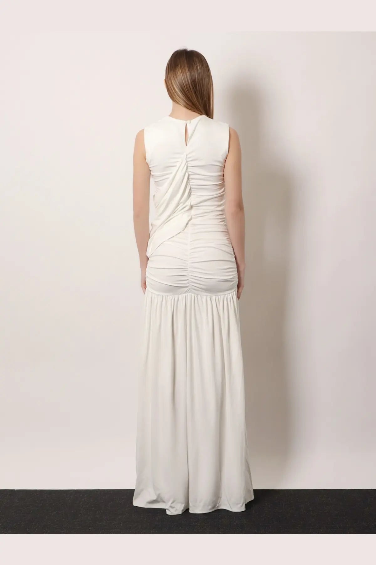 Actualee women’s draped long white sleeveless gown with ruched back and high waistline shown from the back