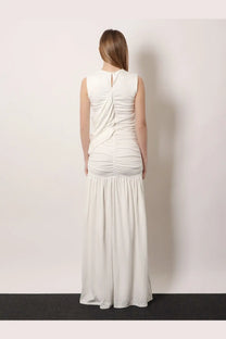 Actualee women’s draped long white sleeveless gown with ruched back and high waistline shown from the back