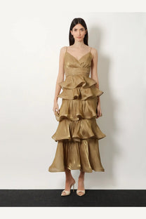Actualee women’s flounced long dress in shimmering gold metallic fabric with tiered ruffles and thin spaghetti straps