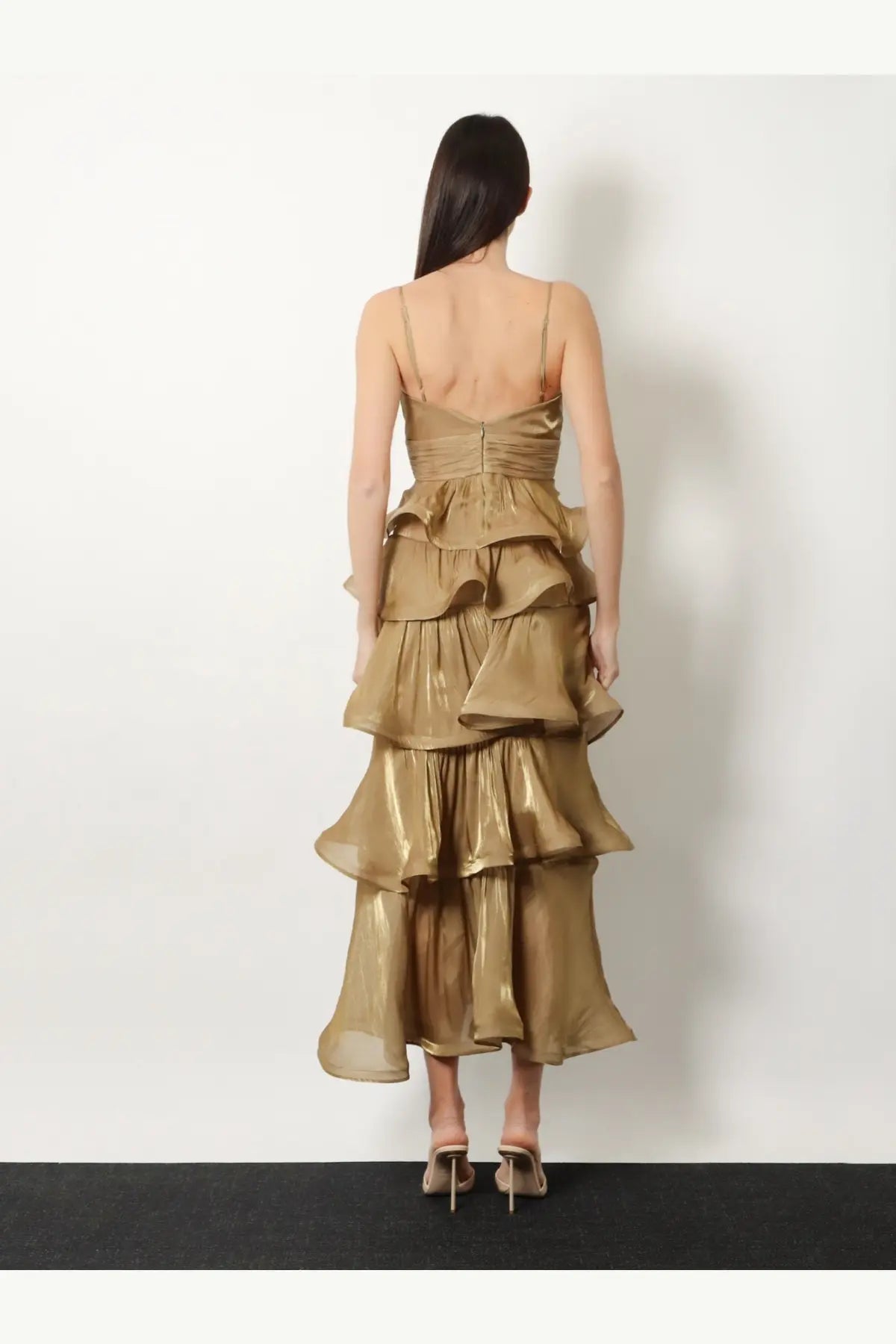 Actualee women’s flounced long dress beige shimmering gold tiered maxi with delicate spaghetti straps and fitted bodice