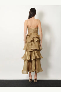 Actualee women’s flounced long dress beige shimmering gold tiered maxi with delicate spaghetti straps and fitted bodice