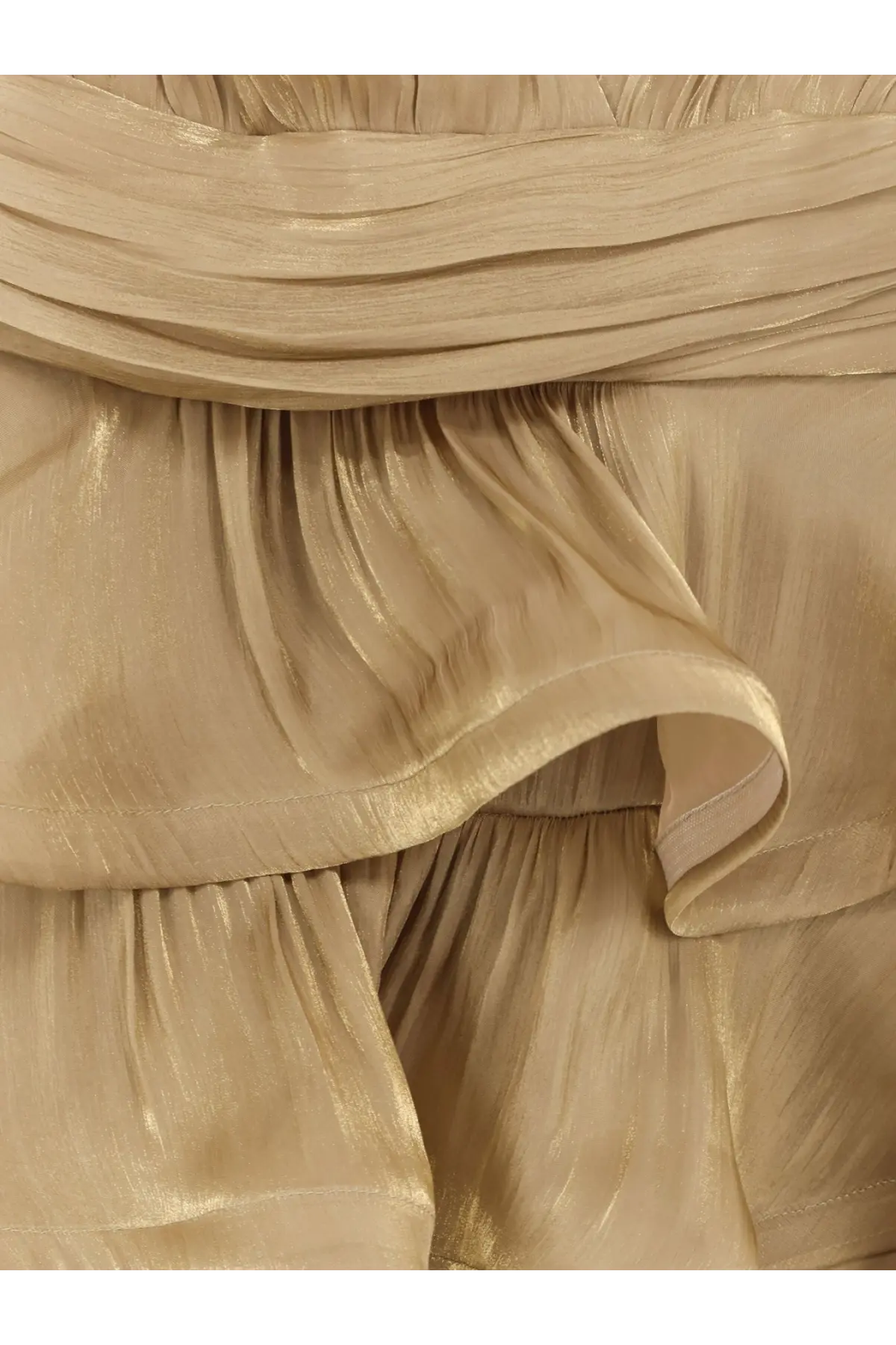 Actualee women’s flounced long dress beige with shimmering gold toned pleated fabric and soft folds