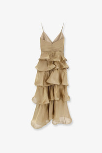 Actualee womens beige chiffon maxi dress with thin spaghetti straps ruched bodice and tiered flounced skirt