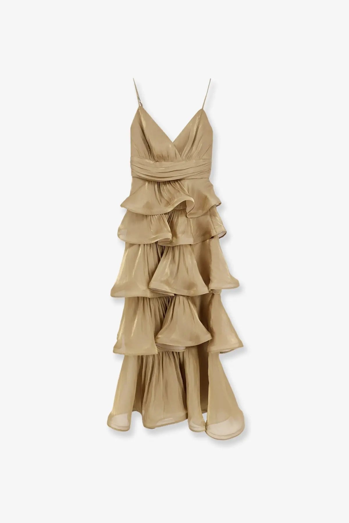 Actualee women’s beige tiered ruffle dress with thin spaghetti straps and a draped bodice for elegant occasions