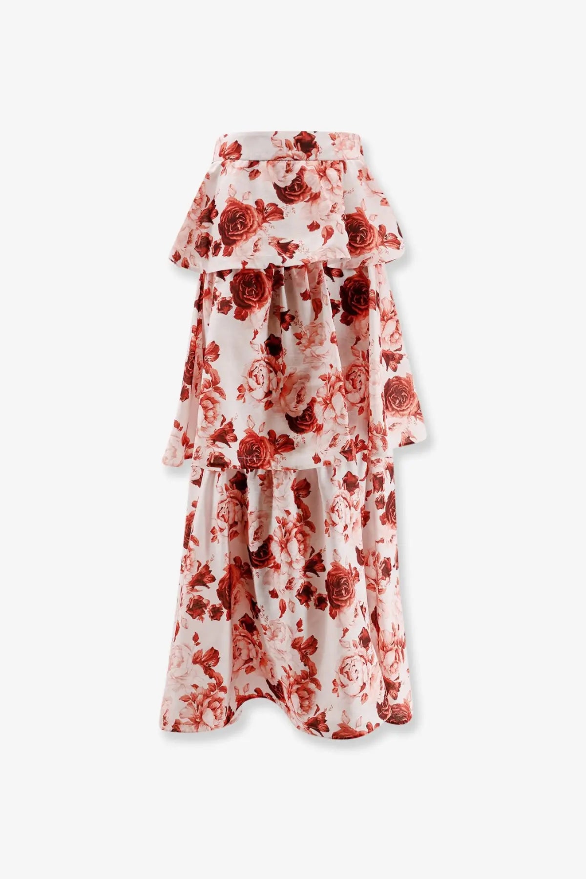 Actualee women’s flounced long skirt in soft blush with bold red rose prints and tiered ruffled layers
