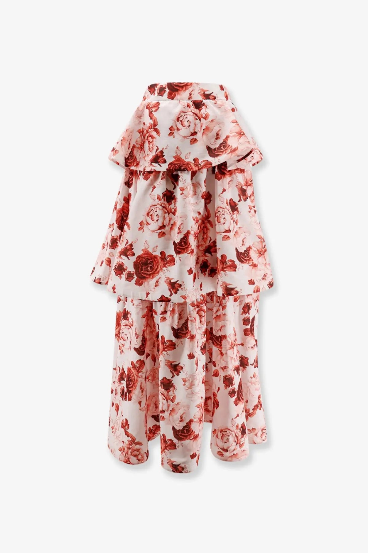 Actualee women’s flounced long skirt in soft white fabric with red rose prints and tiered ruffled layers