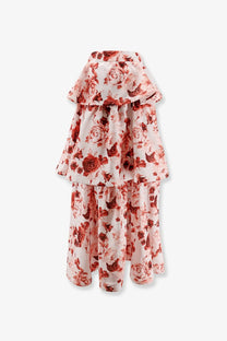 Actualee women’s flounced long skirt in soft white fabric with red rose prints and ruffled tiered layers
