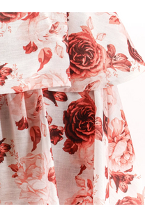Actualee women’s flounced long skirt pink with flowing white fabric and vibrant deep red and soft pink floral ruffles